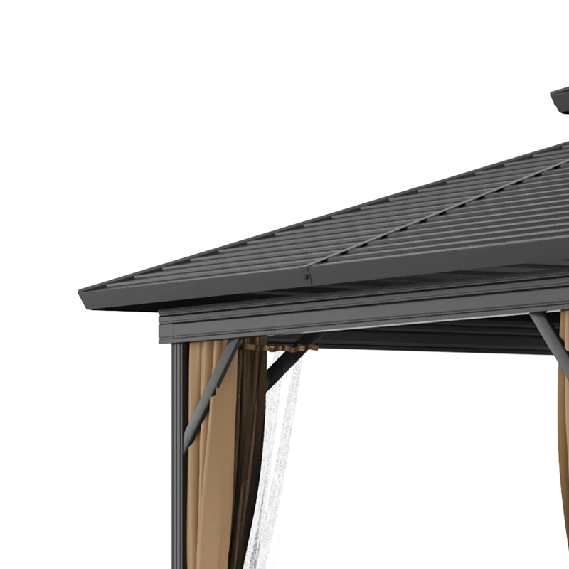 Outsunny 10' x 10' Hardtop Gazebo with Curtains and Netting, Permanent Pavilion Metal Double Roof Gazebo Canopy with Aluminum Frame and Hooks, for Garden, Patio, Backyard, Dark Brown