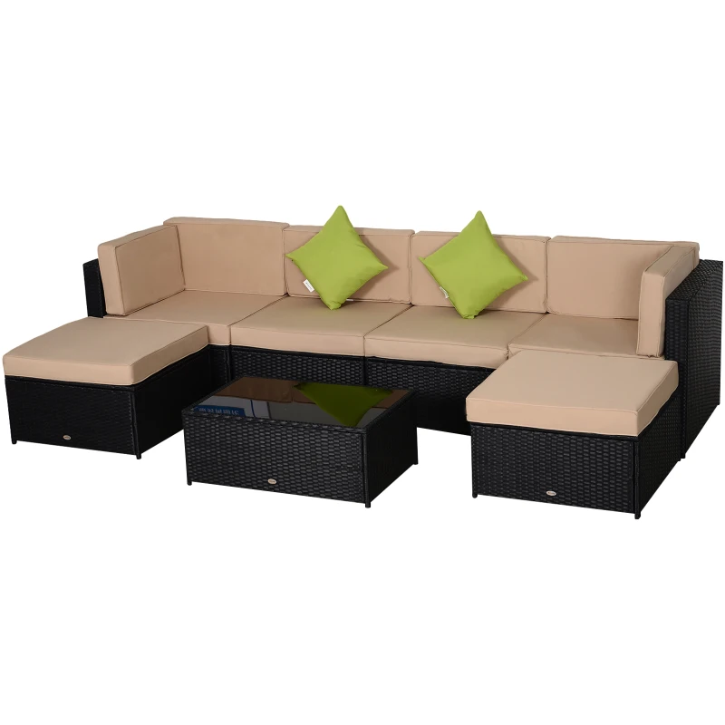 Outsunny 7pcs Wicker Rattan Sectional Set Outdoor Patio Sofa Table Footstools Set Garden Furniture with Cushions, Khaki