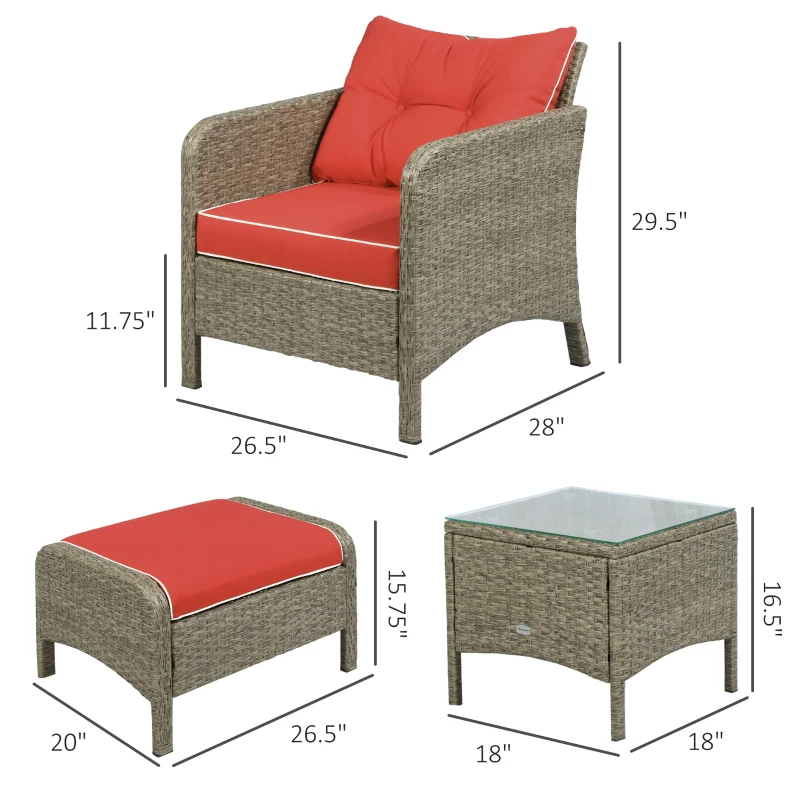 Outsunny 5 Pieces Wicker Patio Furniture Sofa Set Thick Padded Cushions, Outdoor PE Rattan Conversation Coffee Set with Armchairs, Footstools and Glass Top Table, Red