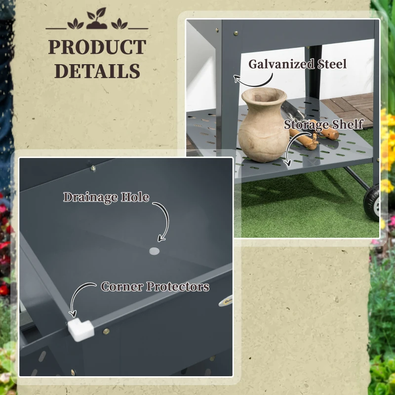 Outsunny Raised Garden Bed with Wheels, 25"x 22" x 31" Galvanized Steel Elevated Planter Box with Legs, Storage Shelf for Outdoor Backyard, Patio to Grow Vegetables, Flowers, Gray