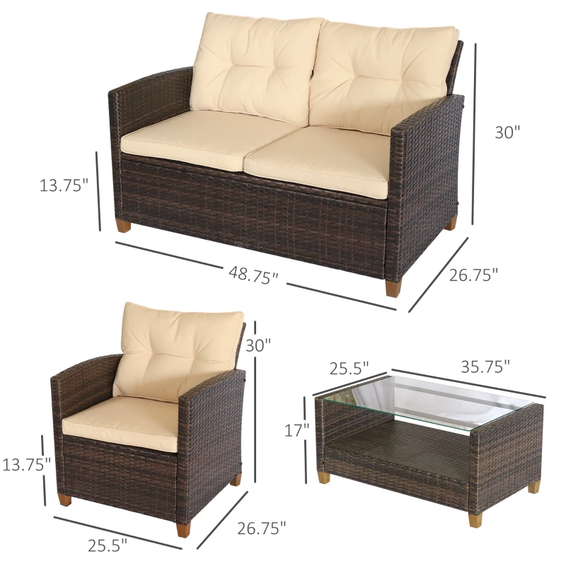 Outsunny 4 Pieces Patio Furniture Sets, Deluxe Outdoor Rattan Wicker Conversation Set with Chairs, Coffee Table and Cushion for Backyard Garden Poolside and Deck, Beige