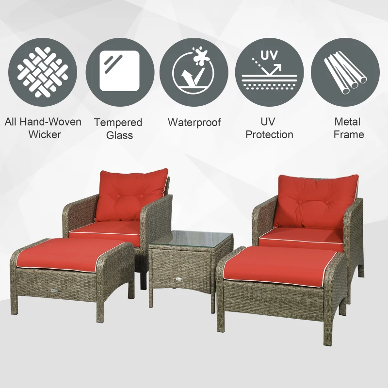 Outsunny 5 Pieces Wicker Patio Furniture Sofa Set Thick Padded Cushions, Outdoor PE Rattan Conversation Coffee Set with Armchairs, Footstools and Glass Top Table, Red