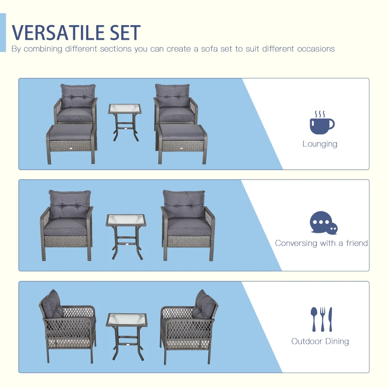Outsunny 5 Pieces Wicker Patio Furniture Set with 4" Thick Cushions, Outdoor PE Rattan Conversation Set Bistro Set with Armchairs and Ottomans, Glass Top Table, Grey