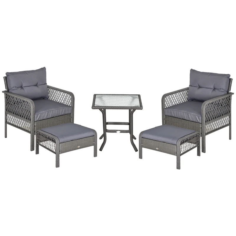 Outsunny 5 Pieces Wicker Patio Furniture Set with 4" Thick Cushions, Outdoor PE Rattan Conversation Set Bistro Set with Armchairs and Ottomans, Glass Top Table, Grey