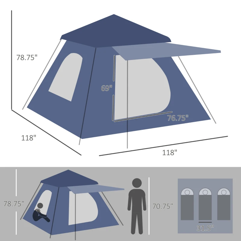 Outsunny 3-4 Person Automatic Camping Tent w/ Porch, Pop Up Tent, Portable Backpacking Shelter with Mesh Windows, Zipped Door, Floor, Hang Hook & Portable Carry Bag, Dark Blue