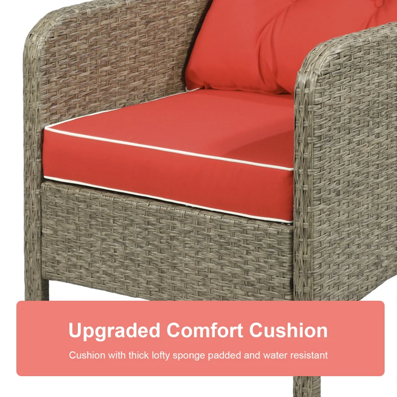 Outsunny 5 Pieces Wicker Patio Furniture Sofa Set Thick Padded Cushions, Outdoor PE Rattan Conversation Coffee Set with Armchairs, Footstools and Glass Top Table, Red