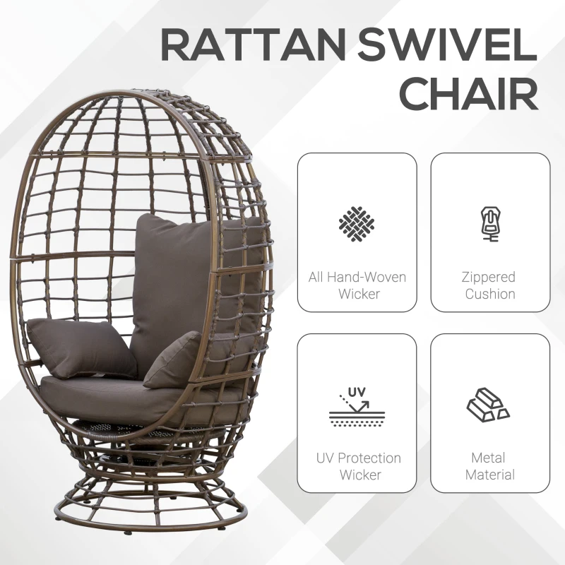 Outsunny Wicker Egg Chair, 360 Rotating Indoor Outdoor Boho Basket Seat with Cushion and Pillows for Backyard, Porch, Patio, Garden, Handwoven All-Weather PE Rattan, Steel Frame, Brown