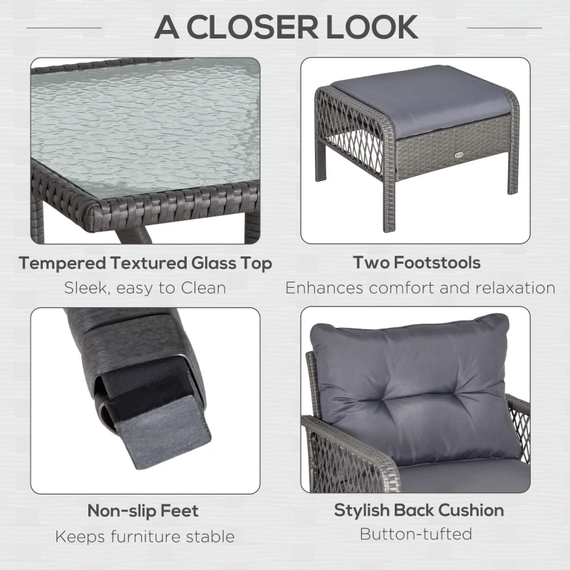 Outsunny 5 Pieces Wicker Patio Furniture Set with 4" Thick Cushions, Outdoor PE Rattan Conversation Set Bistro Set with Armchairs and Ottomans, Glass Top Table, Grey