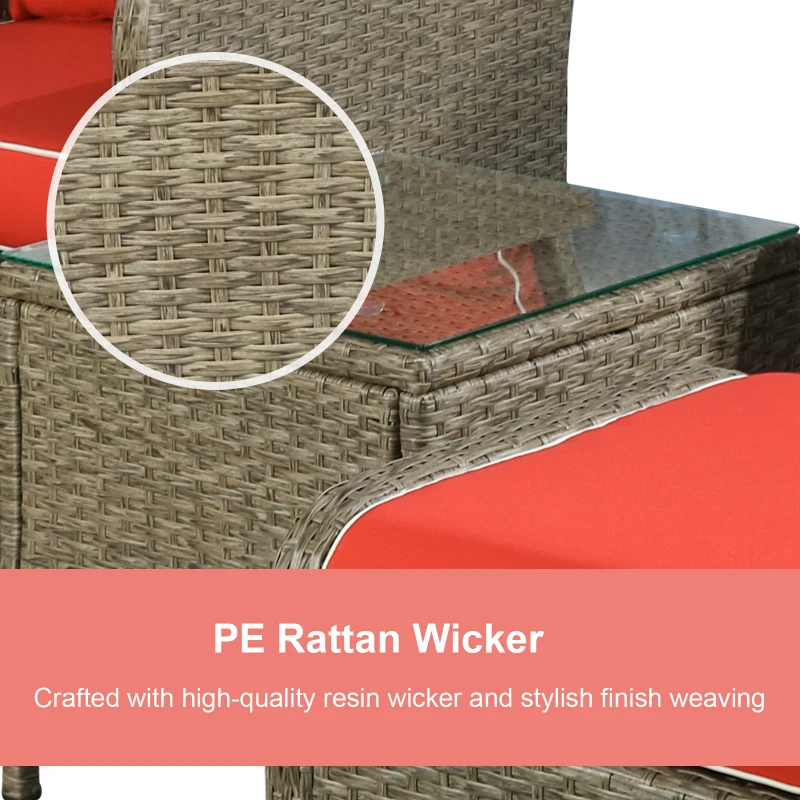 Outsunny 5 Pieces Wicker Patio Furniture Sofa Set Thick Padded Cushions, Outdoor PE Rattan Conversation Coffee Set with Armchairs, Footstools and Glass Top Table, Red