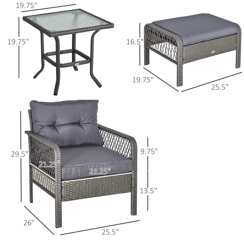 Outsunny 5 Pieces Wicker Patio Furniture Set with 4" Thick Cushions, Outdoor PE Rattan Conversation Set Bistro Set with Armchairs and Ottomans, Glass Top Table, Grey