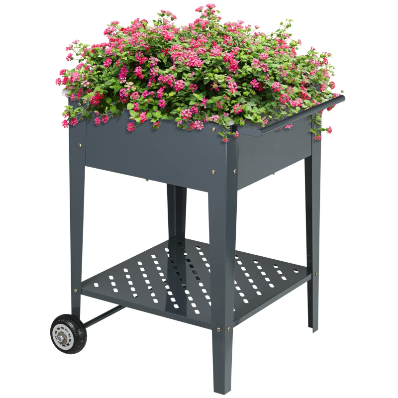 Outsunny Raised Garden Bed with Wheels, 25"x 22" x 31" Galvanized Steel Elevated Planter Box with Legs, Storage Shelf for Outdoor Backyard, Patio to Grow Vegetables, Flowers, Gray