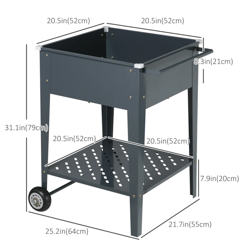Outsunny Raised Garden Bed with Wheels, 25"x 22" x 31" Galvanized Steel Elevated Planter Box with Legs, Storage Shelf for Outdoor Backyard, Patio to Grow Vegetables, Flowers, Gray