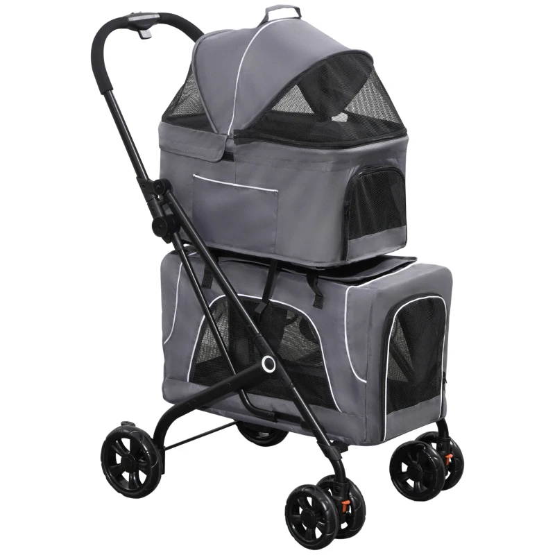 PawHut 3-in-1 Double Pet Stroller for Small Miniature Dogs Cats with Removable Carrier, Foldable Travel Carrier Bag, Car Seat, Grey