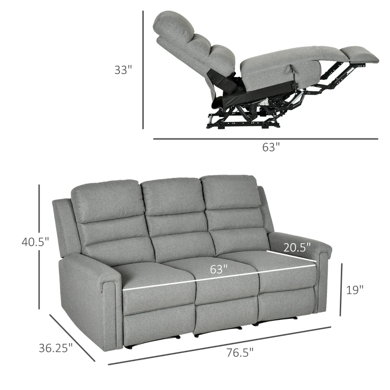 HOMCOM 3 Seater Recliner Sofa with Manual Pull Tab, Fabric Reclining Sofa, RV Couch, Home Seating, Gray
