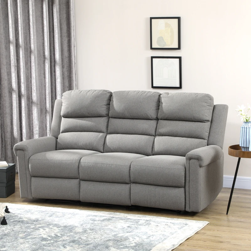 HOMCOM 3 Seater Recliner Sofa with Manual Pull Tab, Fabric Reclining Sofa, RV Couch, Home Seating, Gray