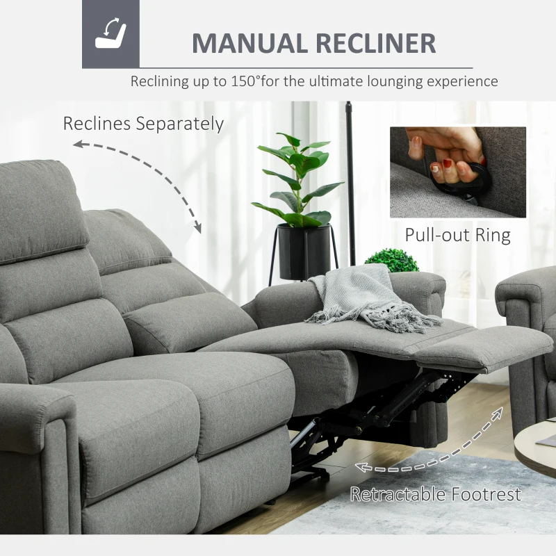 HOMCOM 3 Seater Recliner Sofa with Manual Pull Tab, Fabric Reclining Sofa, RV Couch, Home Seating, Gray