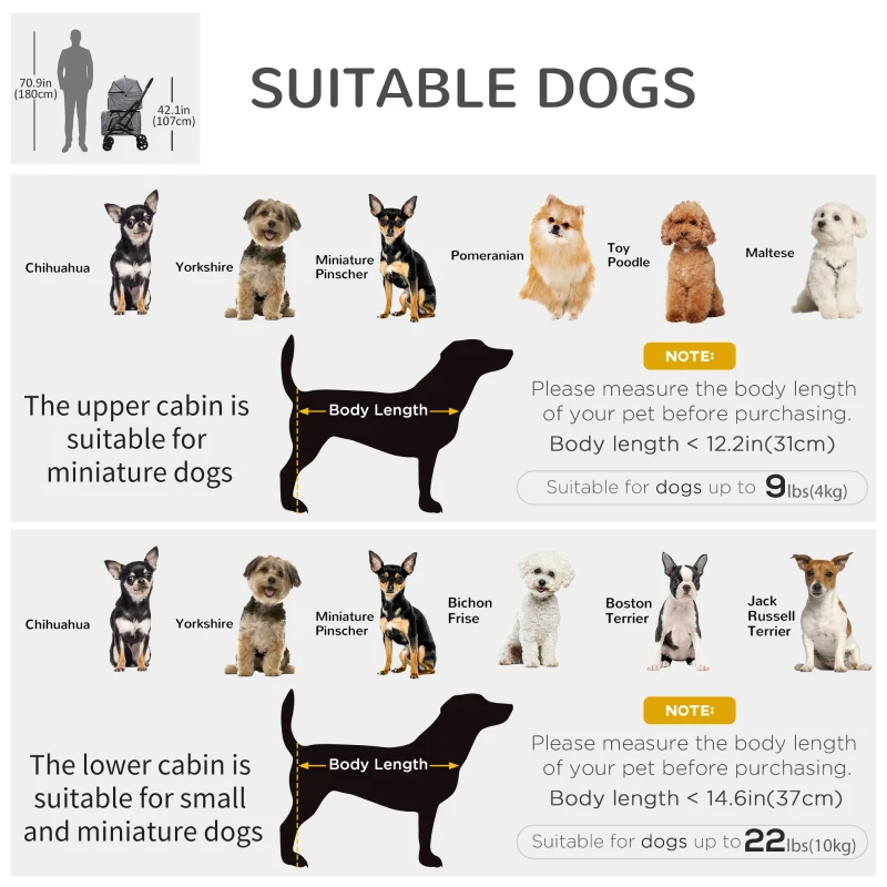 PawHut 3-in-1 Double Pet Stroller for Small Miniature Dogs Cats with Removable Carrier, Foldable Travel Carrier Bag, Car Seat, Grey