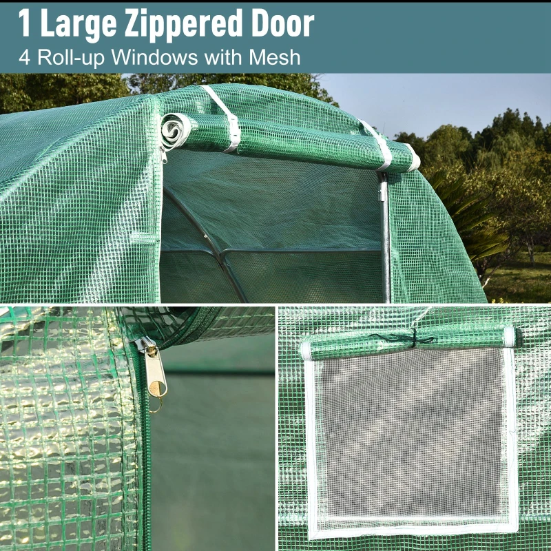 Outsunny 13.1' x 9.8' x 6.6' Walk-in Tunnel Greenhouse Backyard Seed Flower Growing Warm House Outdoor Planter Shed with Roll-up Windows Zippered Door Overlong Cover Green