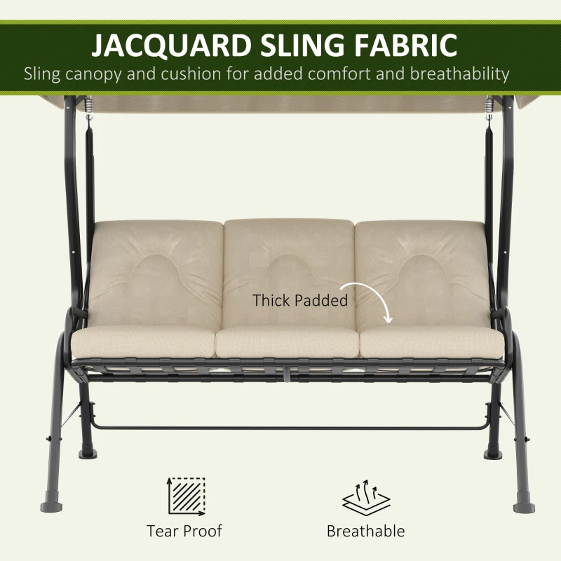 Outsunny 3-Seat Patio Swing Chair, Outdoor Swing Glider with Adjustable Canopy, Removable Thicken Cushion, and Weather Resistant Steel Frame, for Garden, Poolside, Backyard, Cream White