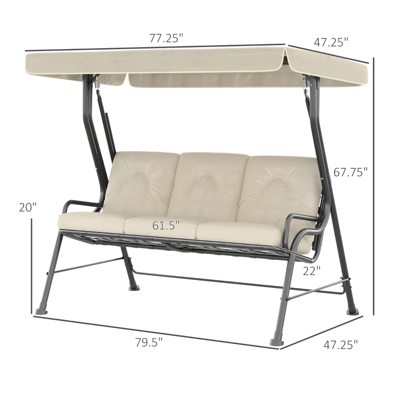 Outsunny 3-Seat Patio Swing Chair, Outdoor Swing Glider with Adjustable Canopy, Removable Thicken Cushion, and Weather Resistant Steel Frame, for Garden, Poolside, Backyard, Cream White