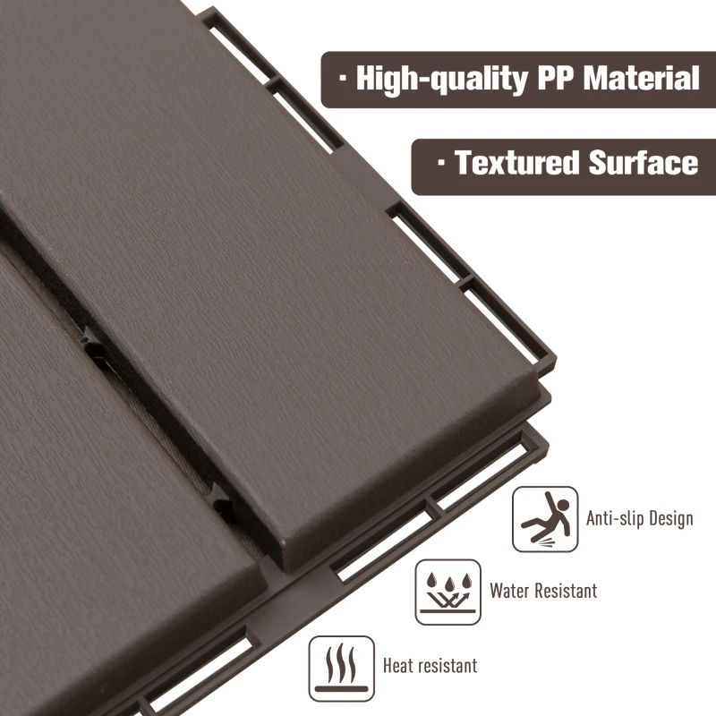 Outsunny 9 Pcs PP Interlocking Composite Deck Tile, 12" x 12" Outdoor Flooring Tiles for Indoor and Outdoor Use, Tools Free Assembly, Brown