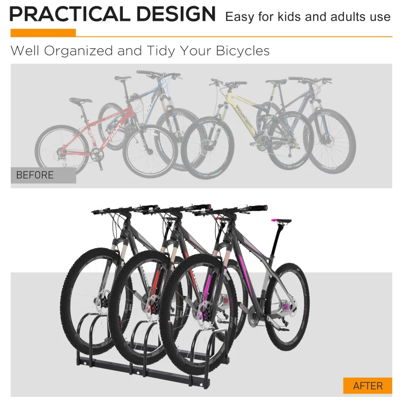 HOMCOM 3-Bike Bicycle Floor Parking Rack Cycling Storage Stand Ground Mount Garage Organizer for Indoor and Outdoor Use Black