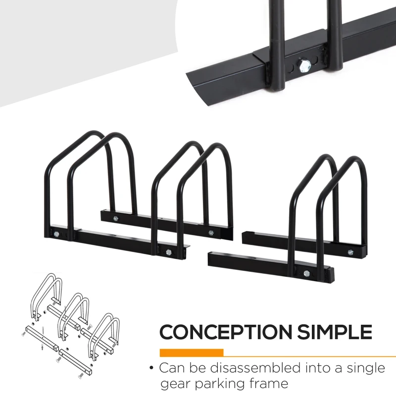HOMCOM 3-Bike Bicycle Floor Parking Rack Cycling Storage Stand Ground Mount Garage Organizer for Indoor and Outdoor Use Black