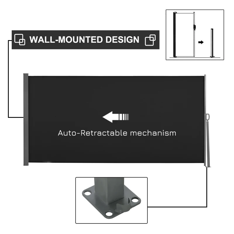 Outsunny 118" x 63" Retractable Side Awning Patio Outdoor Folding Privacy Screen with Resistance to UV Rays & Wind, Black