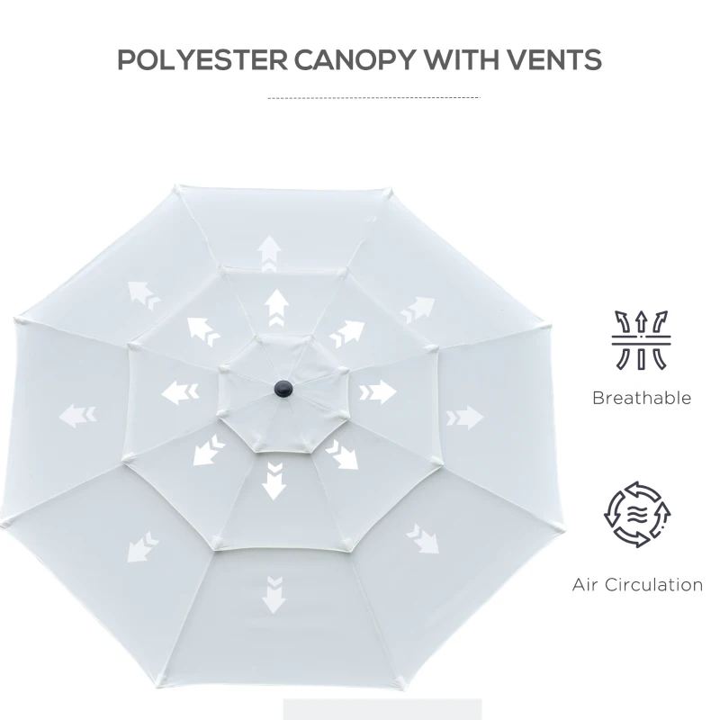 Outsunny 9FT 3 Tiers Patio Umbrella Outdoor Market Umbrella with Crank, Push Button Tilt for Deck, Backyard and Lawn, Cream White