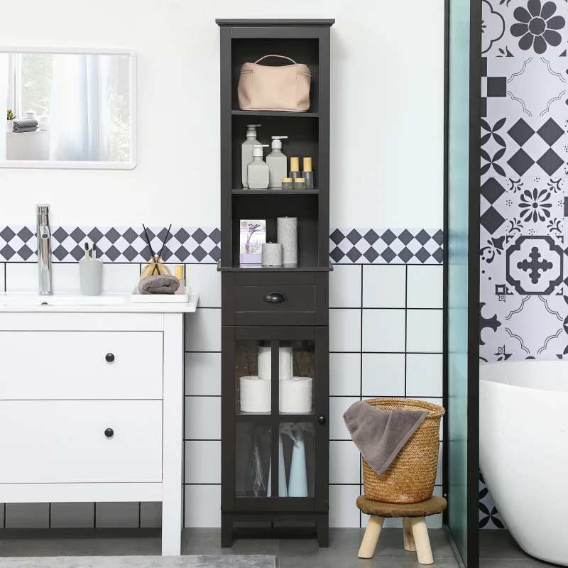 kleankin Slim Bathroom Storage Cabinet Door & Shelves Linen Tower, Brown