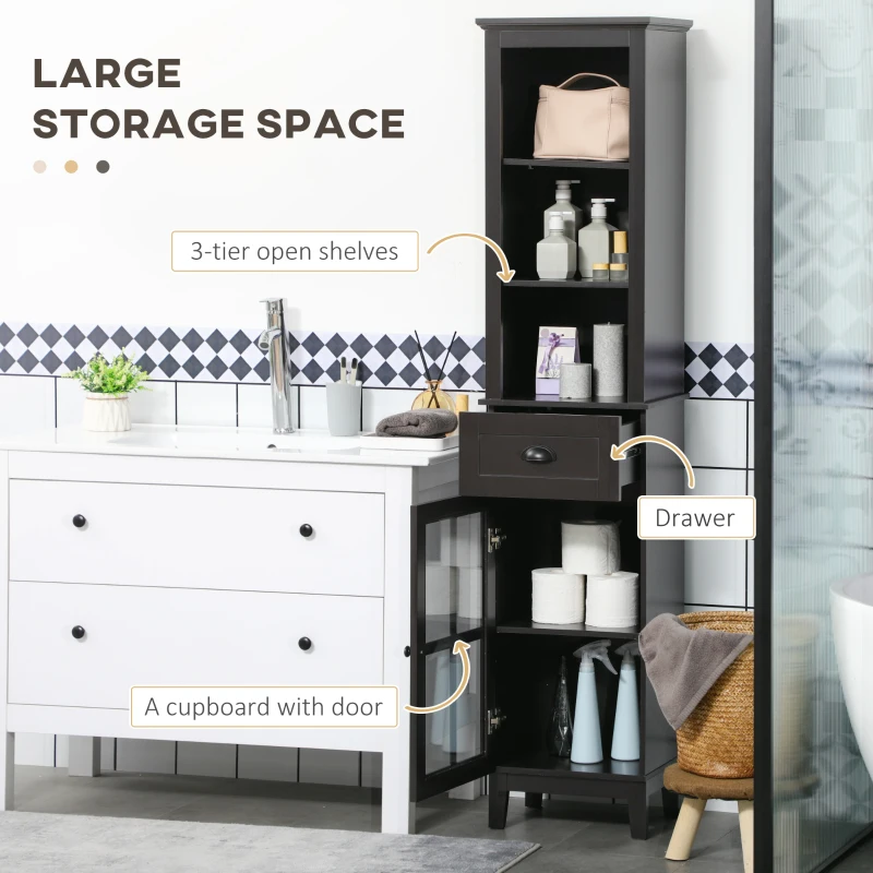 kleankin Slim Bathroom Storage Cabinet Door & Shelves Linen Tower, Brown