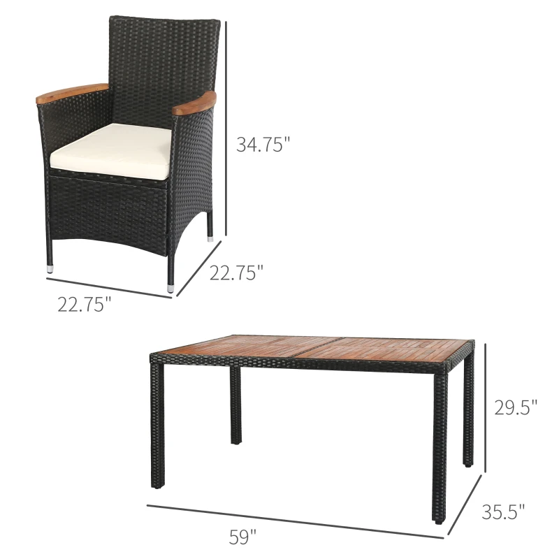 Outsunny 7 Pieces Wicker Patio Dining Set Outdoor Furniture Set with Removable Cushions, Acacia Wood Top Dining Table, PE Rattan Conversation Set for Garden Poolside, Black
