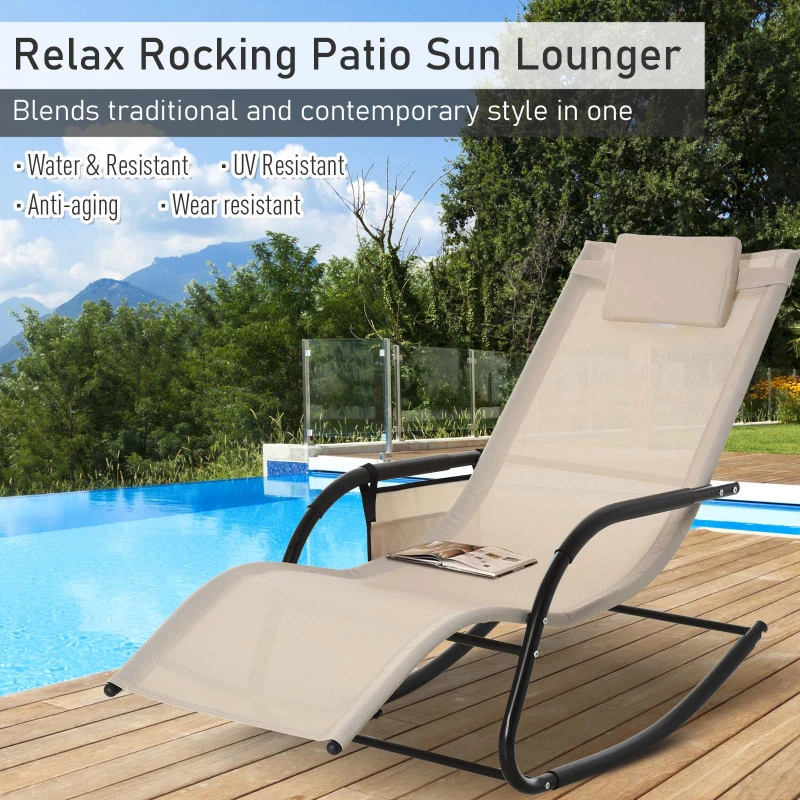 Outsunny Patio Rocking Chair with Mesh Fabric, Outdoor Rocking Sling Sun Lounger with Removable Headrest and Side Pocket for Garden, Deck, Lawn, Cream White
