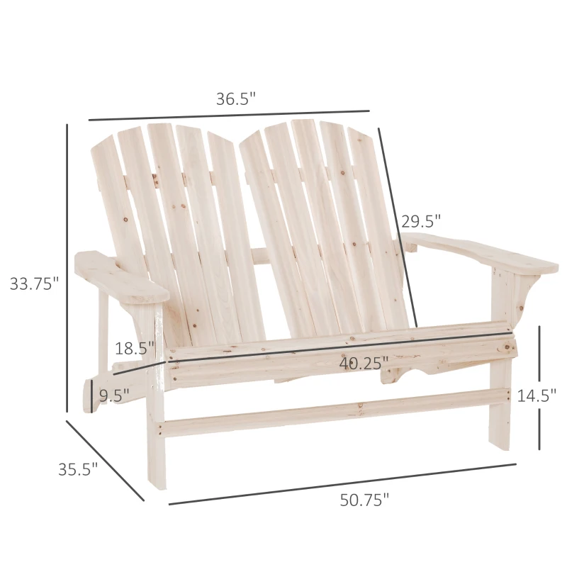 Outsunny 2 Person Adirondack Loveseat, Fire Pit Chair for 2, Wooden Double Adirondack for Patio, Porch, Backyard, Garden with High-back, Wide Armrests, Natural