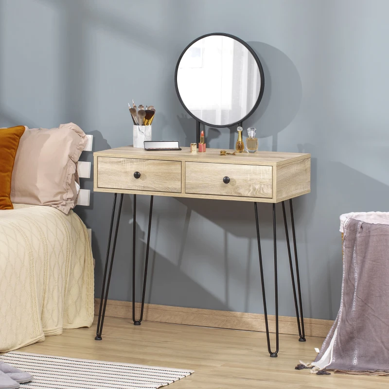 HOMCOM Vanity Table, Makeup Vanity Table with Round Mirror, 2 Drawers, Modern Dressing Table for Bedroom, Oak