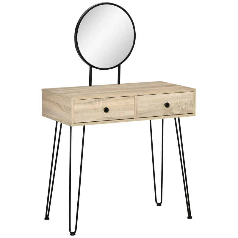 HOMCOM Vanity Table, Makeup Vanity Table with Round Mirror, 2 Drawers, Modern Dressing Table for Bedroom, Oak