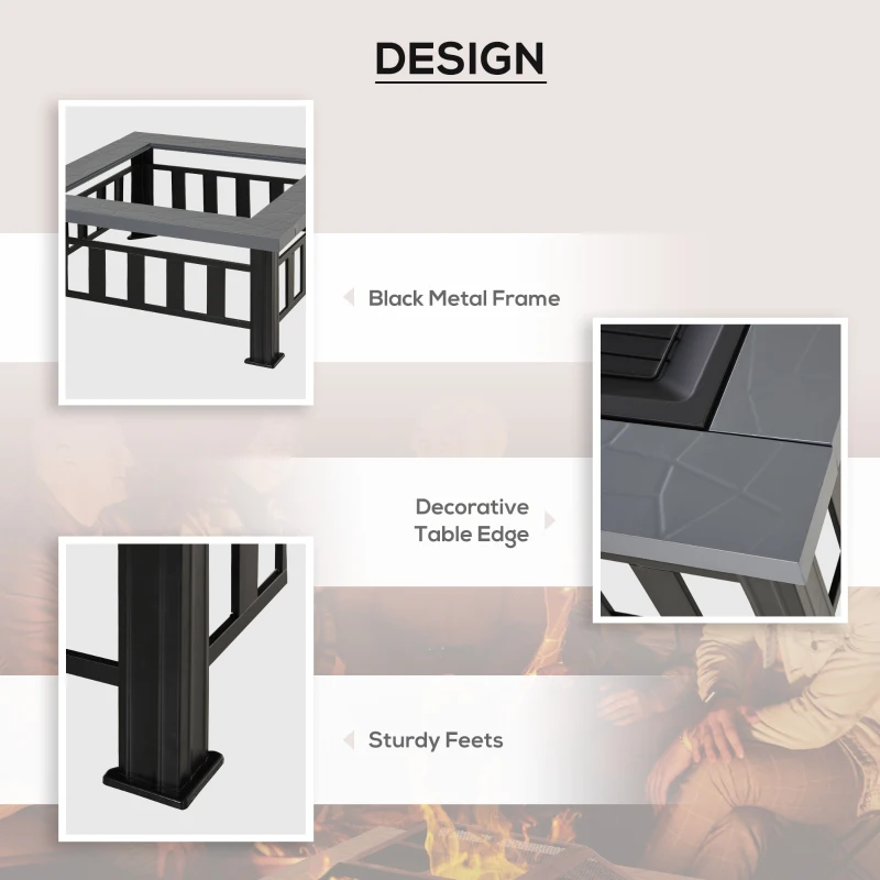 Outsunny 34" Outdoor Square Firepit Steel Stove Portable with Spark Screen Cover Log Grate Poker and Rain Cover for Outside Wood Burning and Camping Black