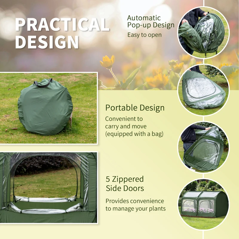 Outsunny 8' x 4' x 4' Portable Pop Up Mini Greenhouse with 5 Zippered Doors & Portable Zipper Bag for Plants Outdoor, PVC Cover