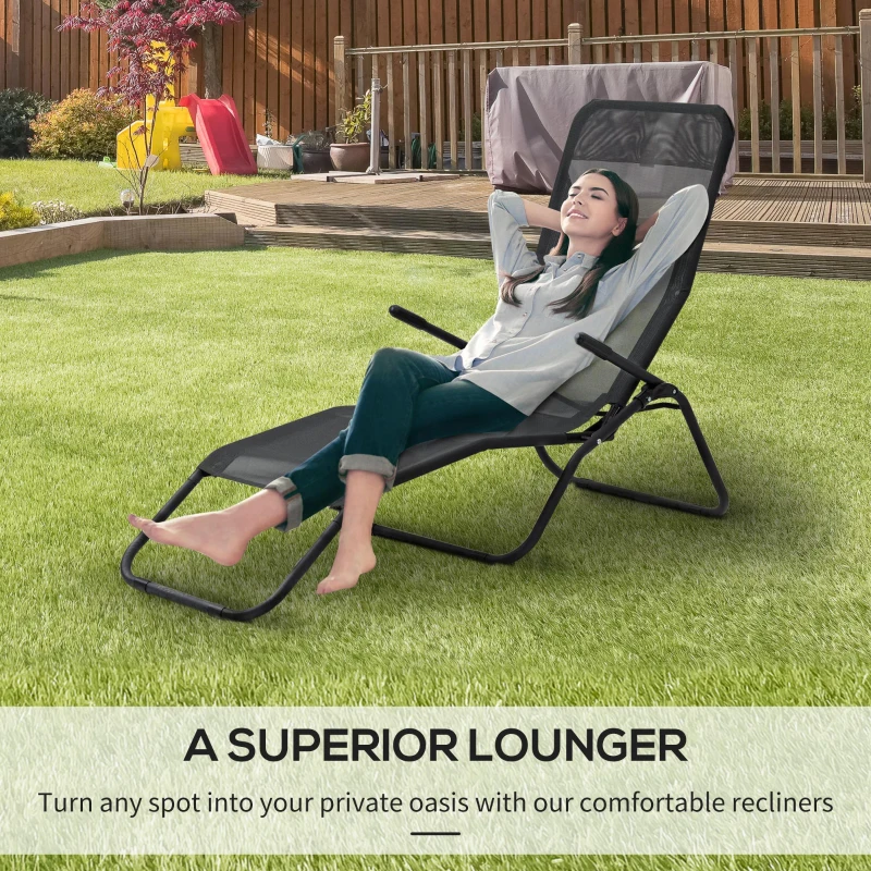 Outsunny Foldable Patio Lounge Chair, Outdoor Beach Lounger with Breathable Mesh Fabric, Zero Gravity Chair with Reclining, Footrests, and Armrests, for Garden, Pool, Black