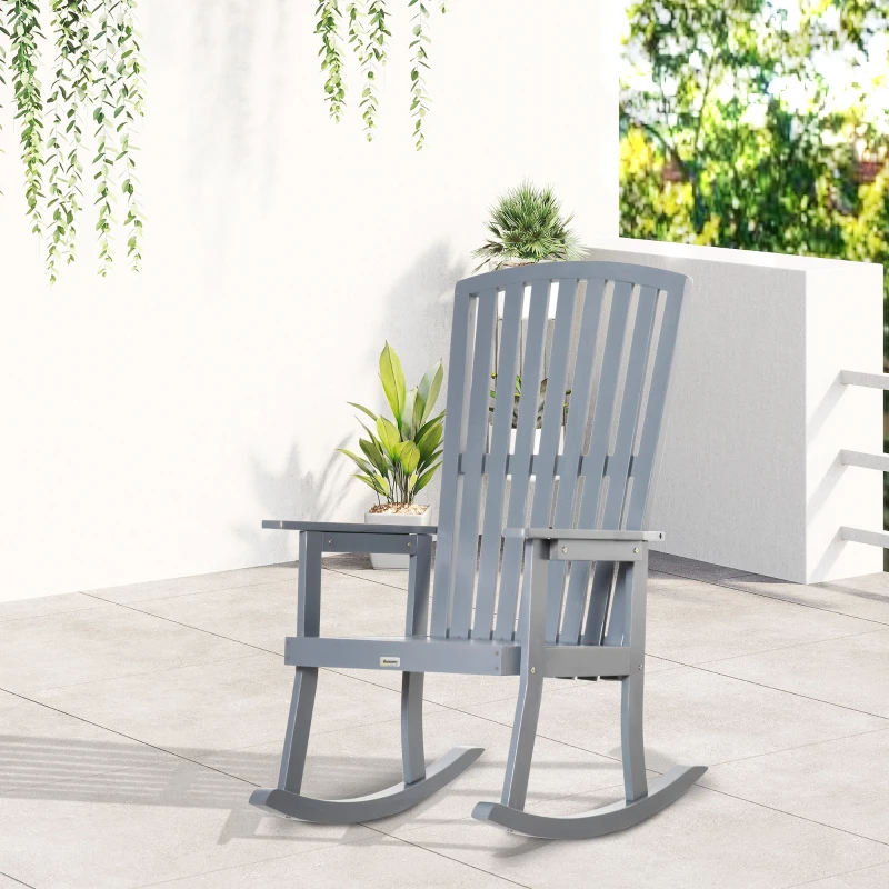 Outsunny Patio Wooden Rocking Chair, Outdoor Porch Rocker Chair with High back, Smooth Armrests, for Outdoor & Indoor Use, Grey
