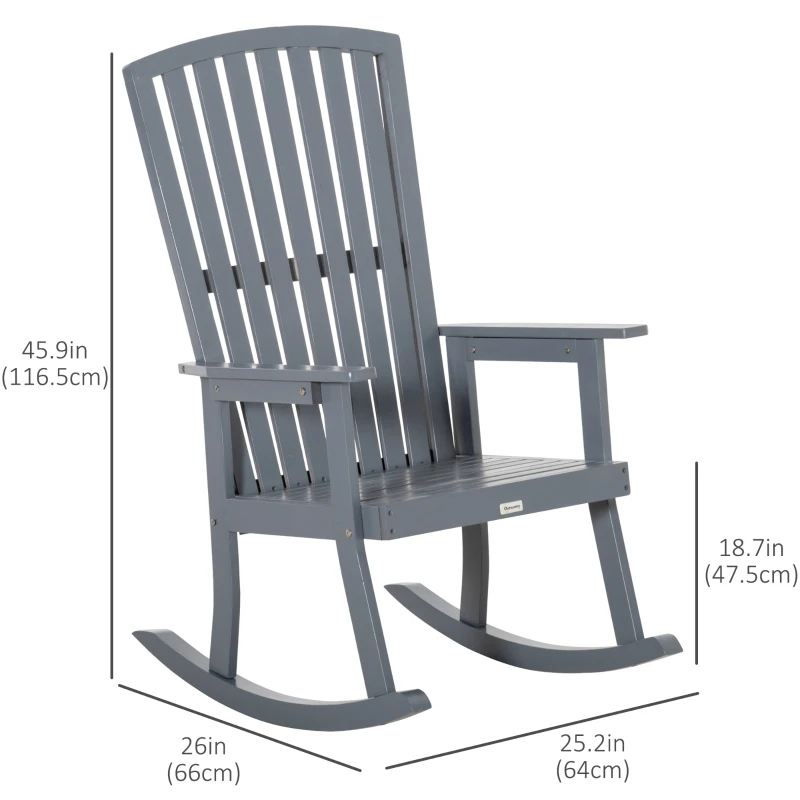 Outsunny Patio Wooden Rocking Chair, Outdoor Porch Rocker Chair with High back, Smooth Armrests, for Outdoor & Indoor Use, Grey