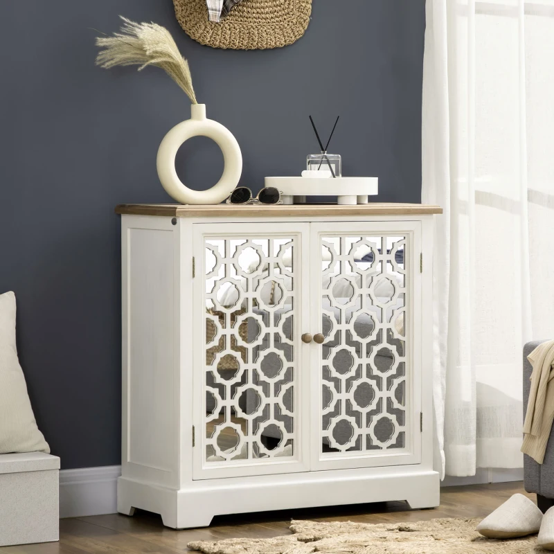 HOMCOM Farmhouse Sideboard Buffet Cabinet, Kitchen Storage Cabinet, Accent Cabinet with Double Glass Doors and Solid Wood Countertop for Kitchen, Living Room, White