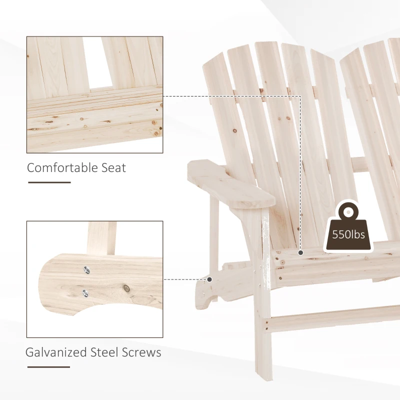 Outsunny 2 Person Adirondack Loveseat, Fire Pit Chair for 2, Wooden Double Adirondack for Patio, Porch, Backyard, Garden with High-back, Wide Armrests, Natural