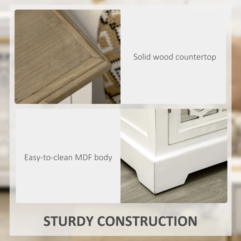 HOMCOM Farmhouse Sideboard Buffet Cabinet, Kitchen Storage Cabinet, Accent Cabinet with Double Glass Doors and Solid Wood Countertop for Kitchen, Living Room, White