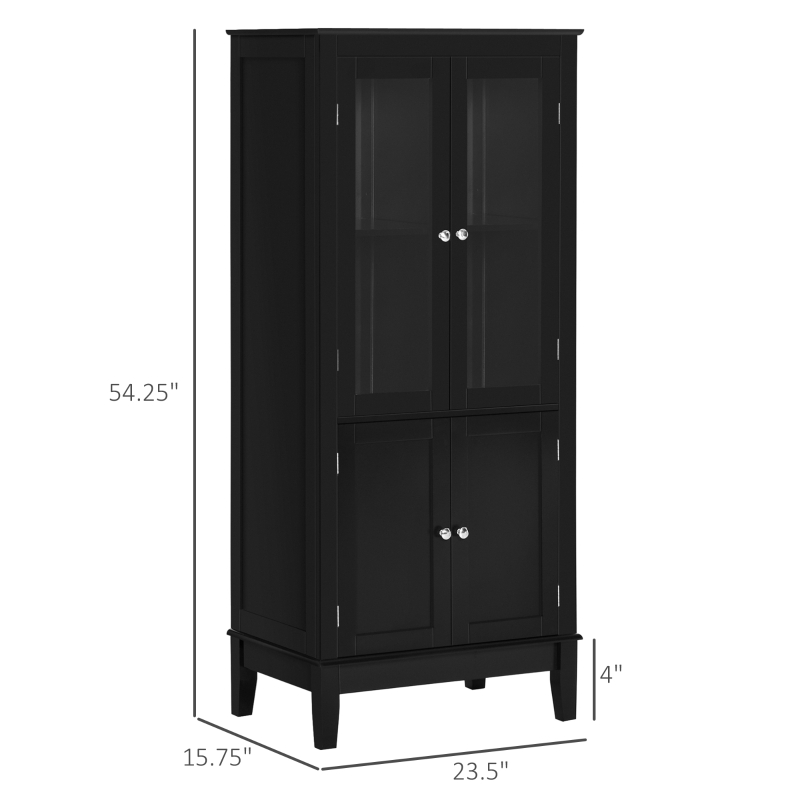 kleankin Bathroom Floor Cabinet with 2 Storage Cabinets, Tempered Glass Door, Freestanding Linen Tower with Adjustable Shelves for Living Room, Black