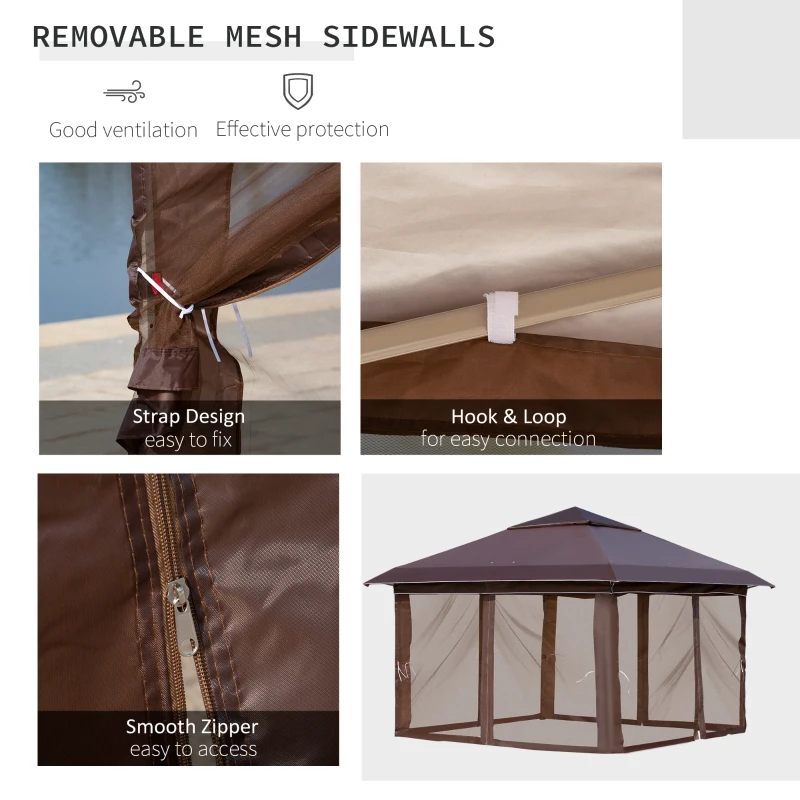 Outsunny 12' x 12' Pop Up Canopy Tent with Netting and Carry Bag, Instant Sun Shelter with 137 sq.ft Shade, Tents for Parties, Height Adjustable, for Outdoor, Garden, Patio, Brown
