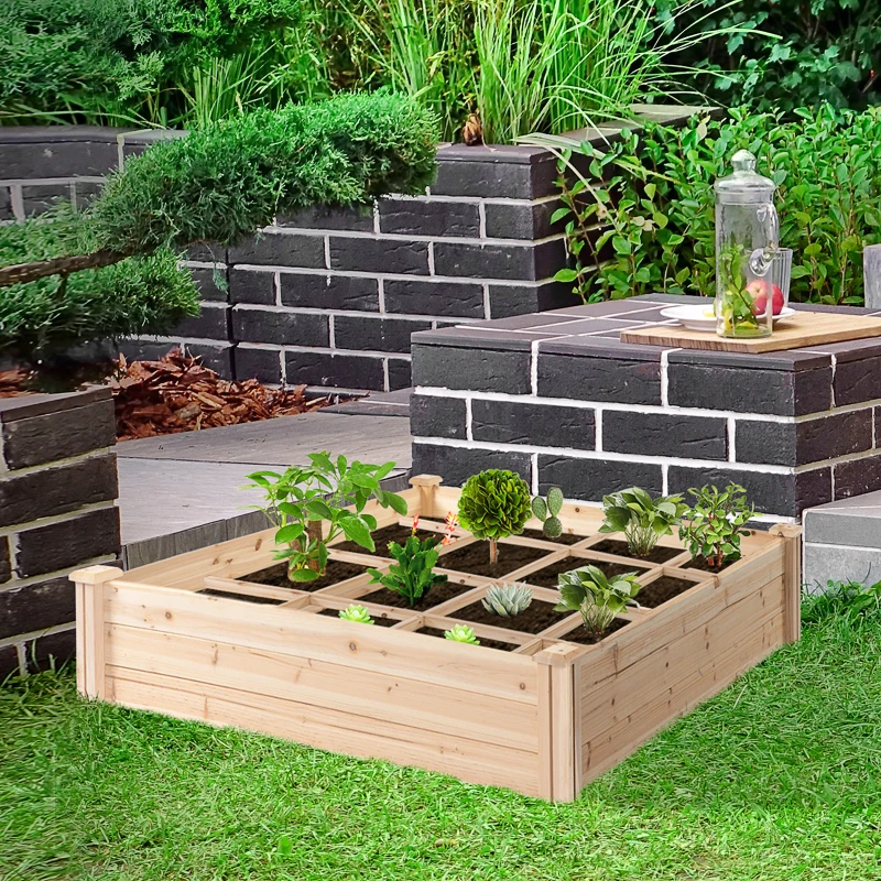Outsunny Wooden Garden Box, 3.9x3.9 with Segmented Growing Grid, Elevated Design, Open Bottom, Rust-Resistant, Solid Wood Material for Backyard Plants & Herbs, Natural