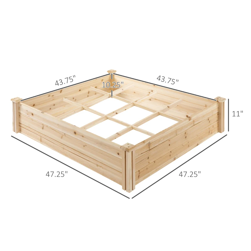 Outsunny Wooden Garden Box, 3.9x3.9 with Segmented Growing Grid, Elevated Design, Open Bottom, Rust-Resistant, Solid Wood Material for Backyard Plants & Herbs, Natural