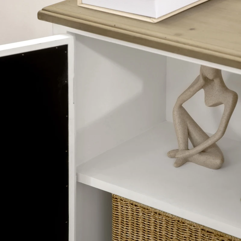 HOMCOM Farmhouse Sideboard Buffet Cabinet, Kitchen Storage Cabinet, Accent Cabinet with Double Glass Doors and Solid Wood Countertop for Kitchen, Living Room, White