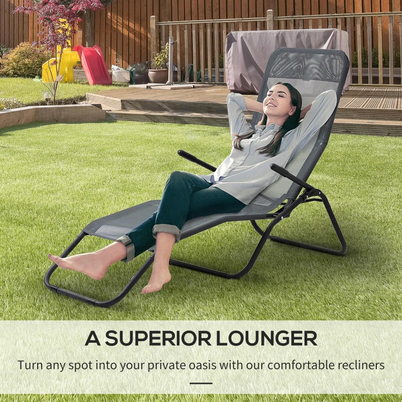 Outsunny Foldable Patio Lounge Chair, Outdoor Beach Lounger with Breathable Mesh Fabric, Zero Gravity Chair with Reclining, Footrests, and Armrests, for Garden, Pool, Grey